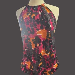 Calvin Klein Red and Orange Sleeveless Bodysuit with Halter Ruched Style